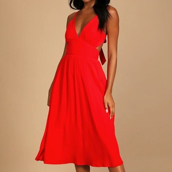 Lulus NWOT Bold New Look Bright Red Tie-Back Cut-Out Full Midi Swing Dress XS - Picture 1 of 10